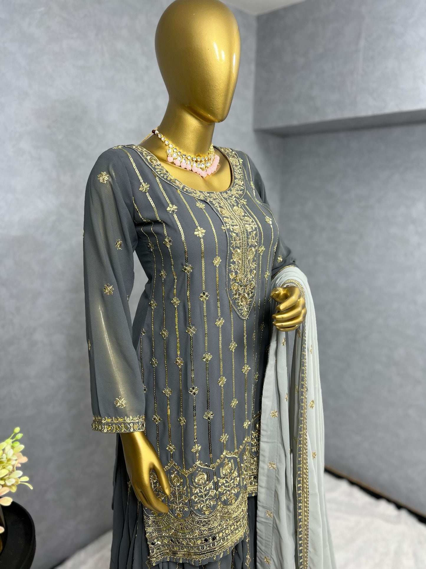 Festive 3-Piece Fancy Kurti Set – Embroidered & Handwork with Flared Palazzo & Dupatta